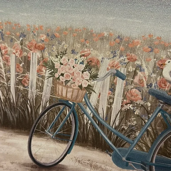 New Wrapped Canvas Scenic Beach Bicycle Canvas Art with Flowers - Picture 4 of 7